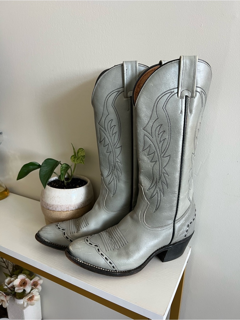 Silver Dusty Blue Western Knee-High Cowboy Boots - Women